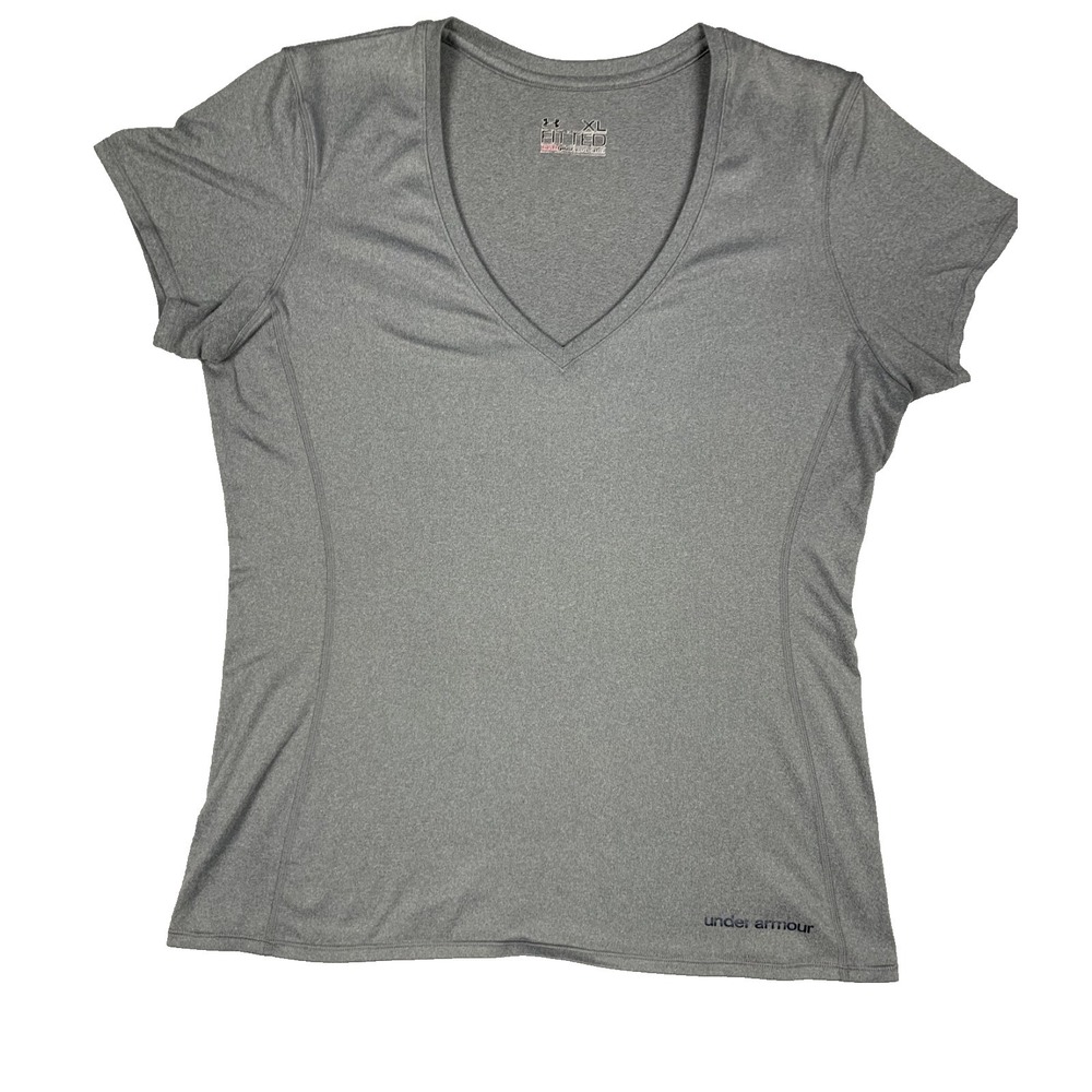 Under Armour V Neck T Shirt Womens XL Gray Athletic Running Workout Gym Top